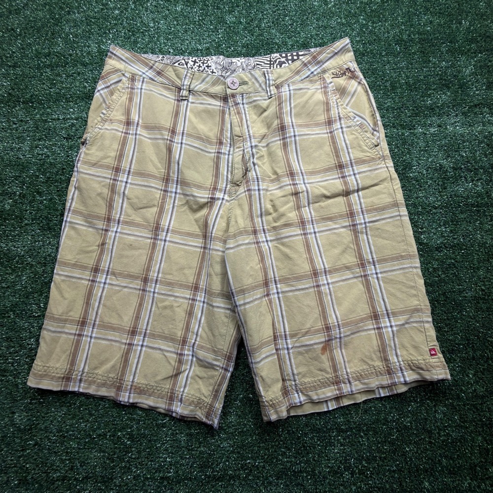 Quiksilver Mens Plaid Flat Front Shorts Tan Brown Cotton Size 34 G104133